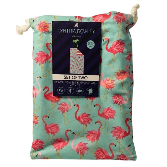 Cynthia Rowley Flamingo Print Beach Towel Set 2+ Bag Aqua Pink Summer Aesthetic - Picture 2 of 4